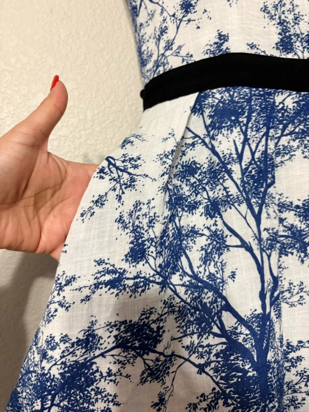 Frock Shop Blue White Toile Tree Print Sleeveless A-line Dress w Black Waist Tie - Picture 6 of 16